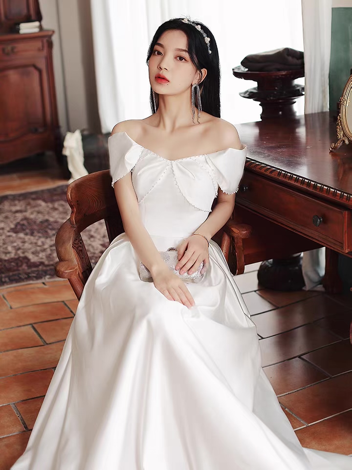 White Evening Dress, Off Shoulder Prom Dress, Light Luxury Satin Party Dress,custom Made