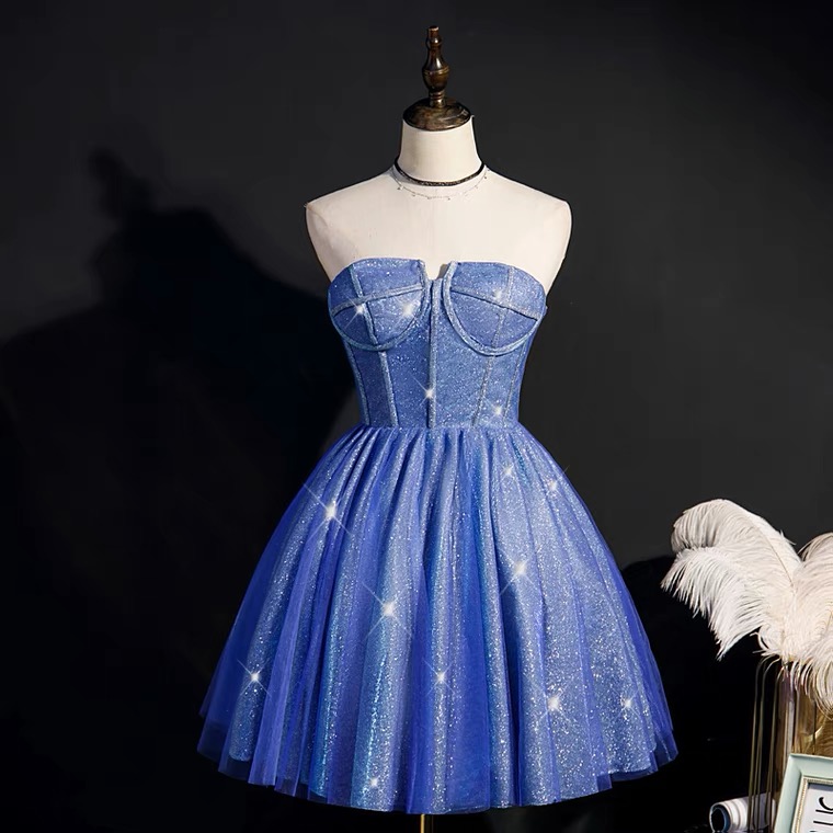 Starry Blue Strapless Prom Dresses, Little Short Homecoming Dresses, Shiny Party Dresses,custom Made