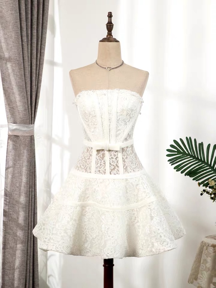 White Strapless Homecoming Dress, Bead Heavy Industry Dress, Sexy Lace Dress, Socialite, Elegant Birthday Evening Dress,custom Made
