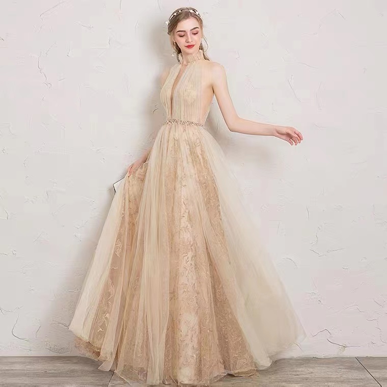 Champagne Prom Dresses, Halter Neck Evenig Dresses, Lace Party Gowns,custom Made