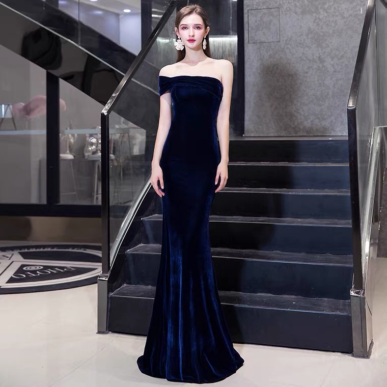 Velvet Blue One-shoulder Dress, Elegant Bridesmaid Evening Dress,custom Made