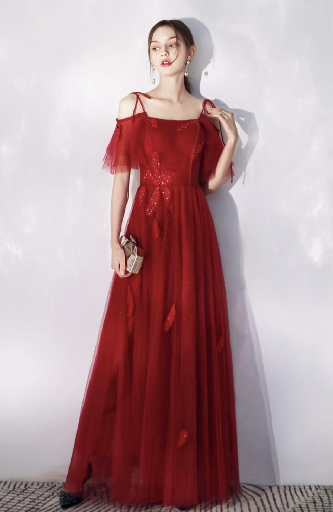 Starry Prom Dress, Spaghetti Strap Party Dress ,red Evening Dress,custom Made