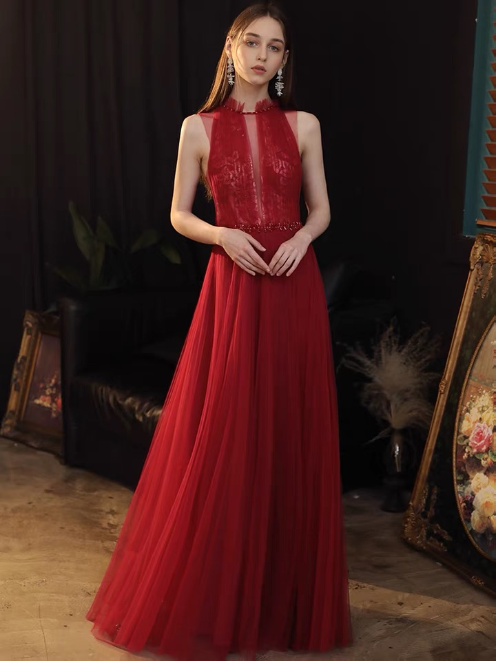 open lace back dress Halter V Neck Backless Beaded Red Long Prom Dresses with High Slit, Ba –  jbydress main image 1