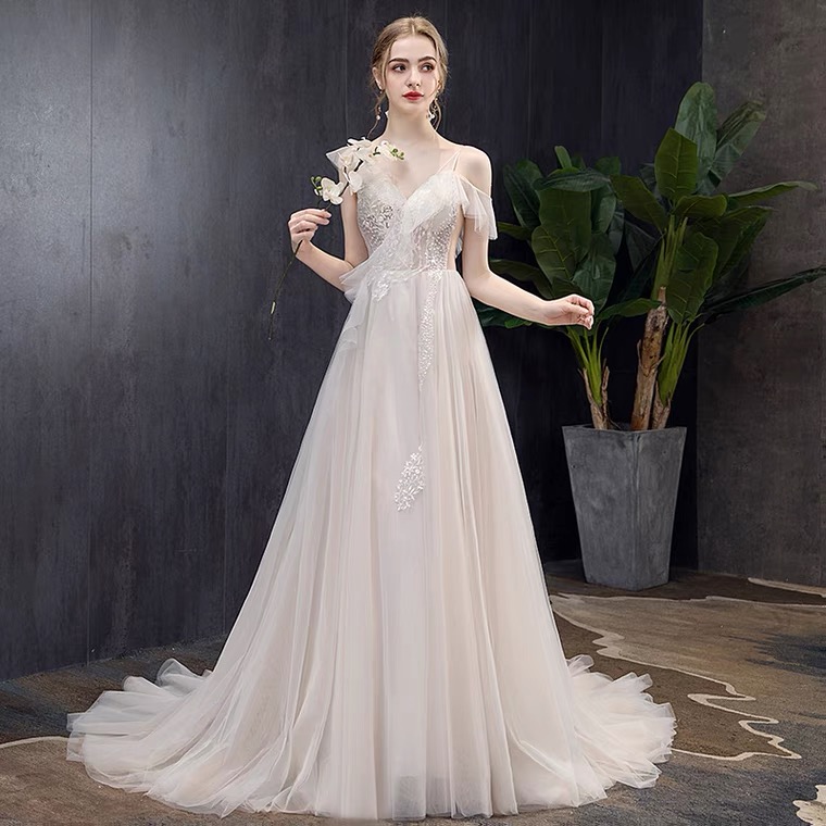 V-neck light wedding dress, wedding dress with tail, simple super fairy bridal dress,Custom Made