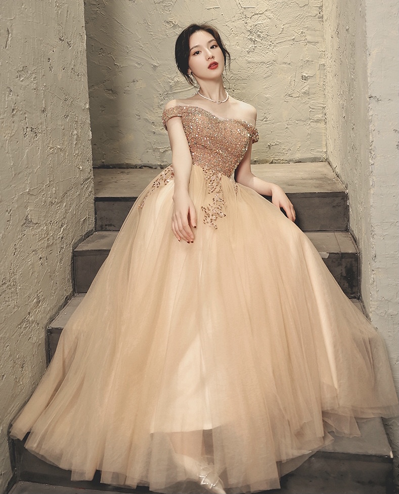 Champagne Star Prom Dress, Sequined Off Shoulder Evening Dress,custom Made