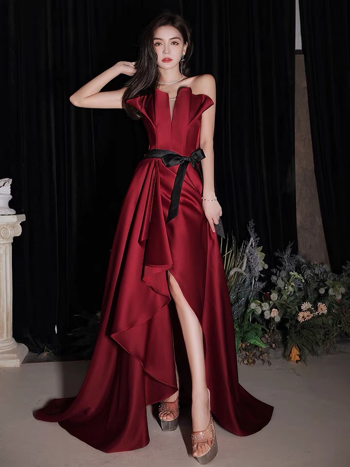 Burgundy Prom Dress, Strapless Evening Dress, Drag Dress,custom Made