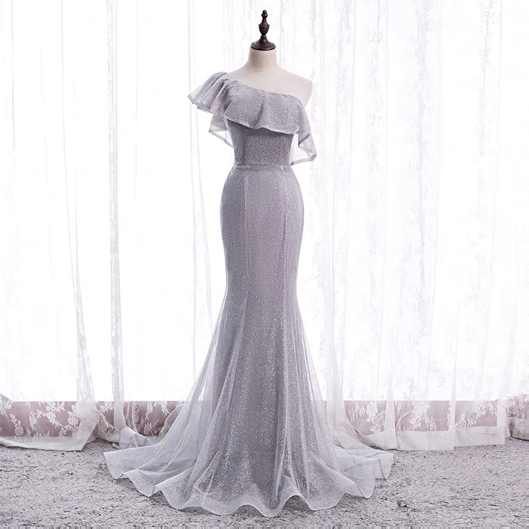 One Shoulder Evening Dress, Long Mermaid Dress, Grey Elegant Dress,custom Made