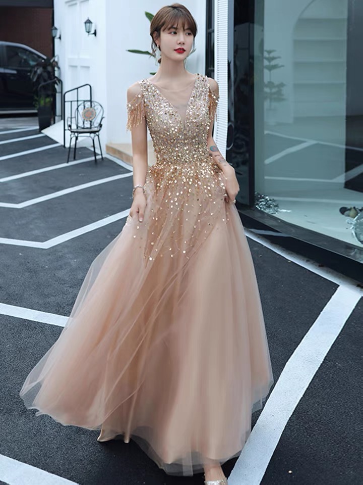 Champagne evening dress, light luxury birthday party dress, sequin prom dress,Custom Made