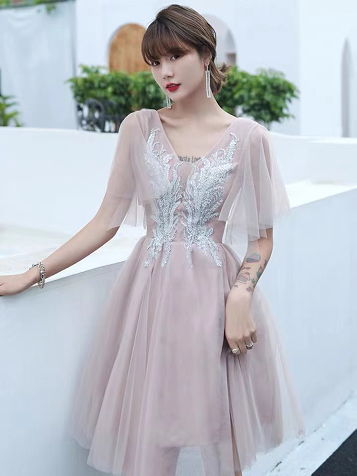 V-neck Homecoming Dress, Blush Pink Party Dress,sweet Bridesmaid Dress,custom Made