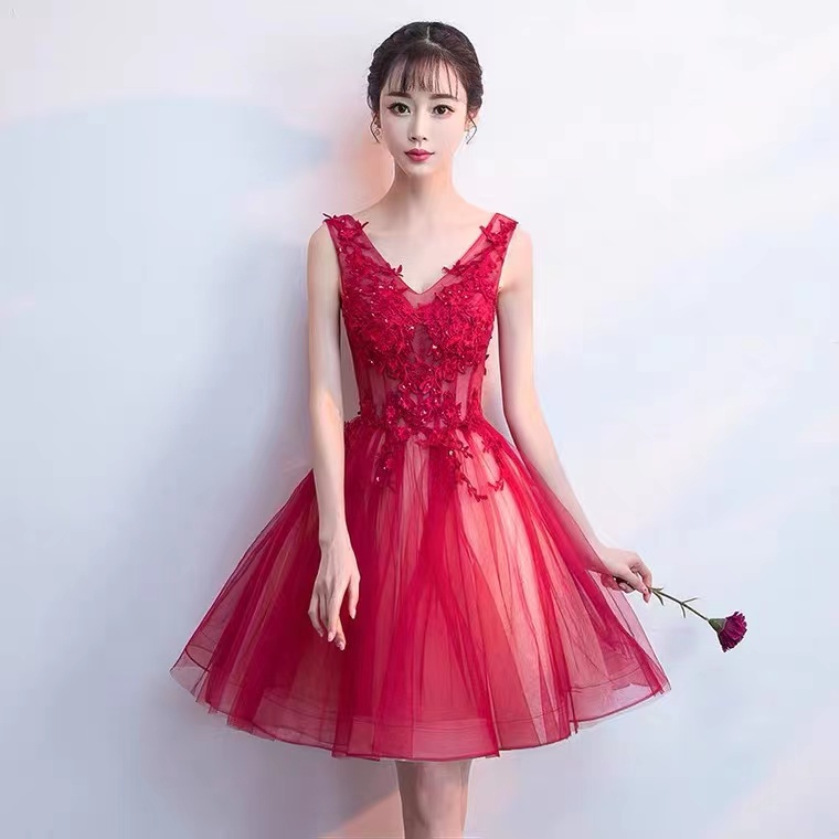 V-neck Bridesmaid Wedding Evening Dress , Red Short Homecoming Dress,custom Made