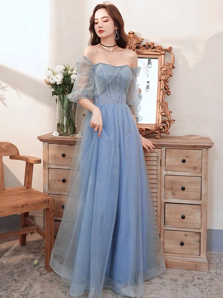 Off-the-shoulder Evening Dress, Temperament Long Tulle Prom Dress, Fairy Light Luxury Blue Party Dress,custom Made