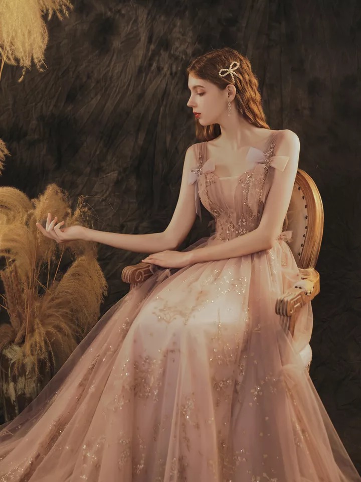 Spaghetti Strap Bridesmaid Dress, Fairy Elegant Long Evening Dress, Applique Lace Princess Dress ,custom Made