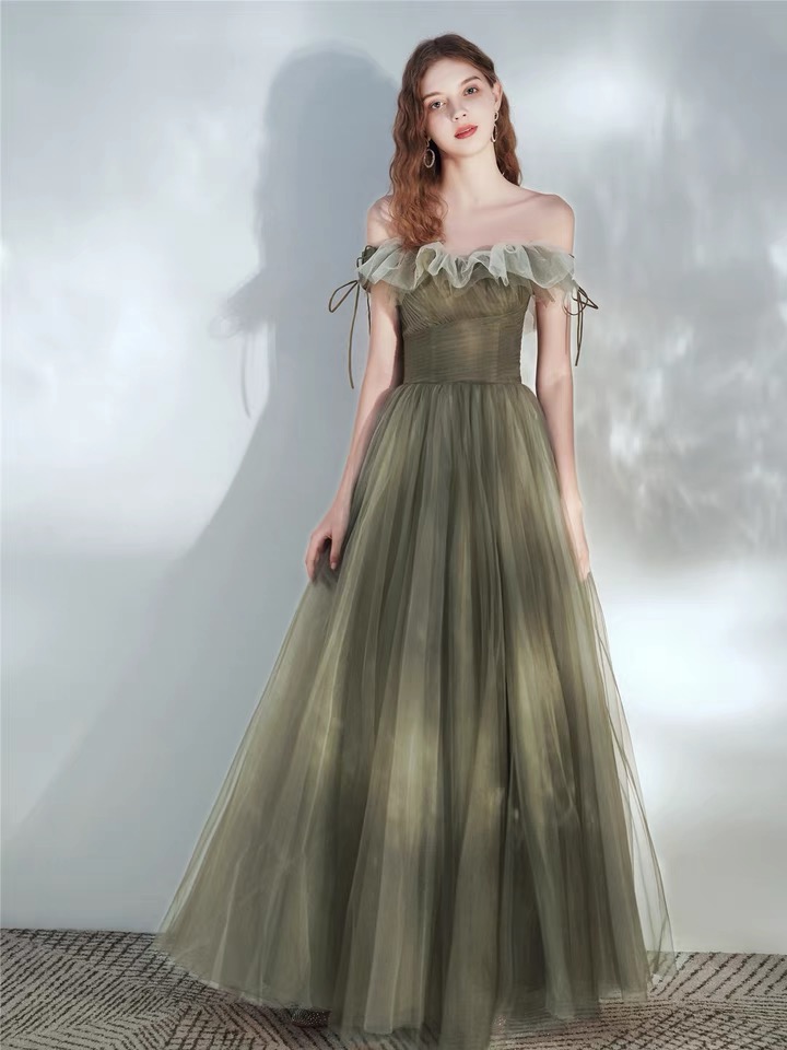 Off-the-shoulder Prom Gown, Classy Avocado Green Evening Gown, Fairy Party Dress,custom Made