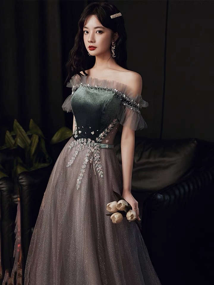 Dark Green Star Bridesmaids Dress, Beaded Off Shoulder Prom Dress,custom Made