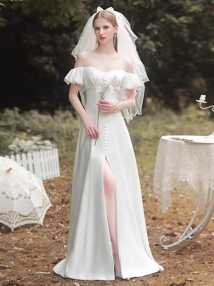 Satin White Prom Gown, Off Shoulder Princess Dress,white Bridal Dress,custom Made