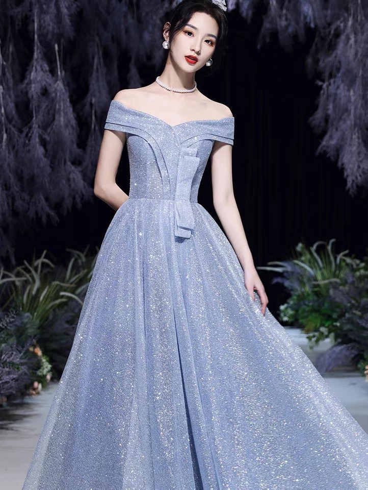 Blue Starry Evening Dress, Sparkling Prom Dress With Off Shoulder,custom Made