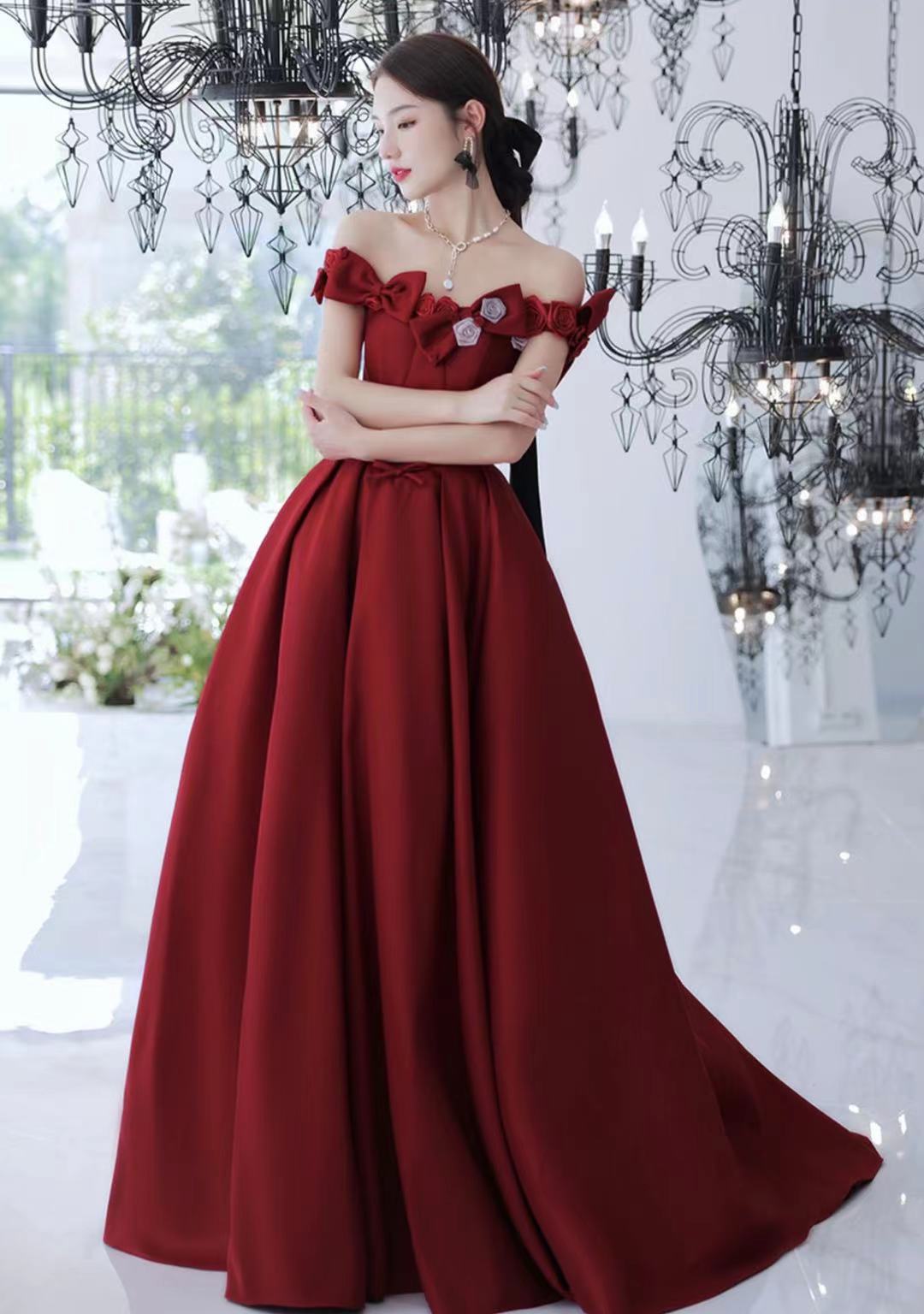 Off Shoulder Bridal Gown, Burgundy Evening Dress, Glamorous Party Prom Dress With Applique,custom Made