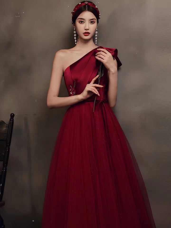 One Shoulder Evening Dress, Class, Noble, Red Evening Dress Satin Long Prom Gown,custom Made