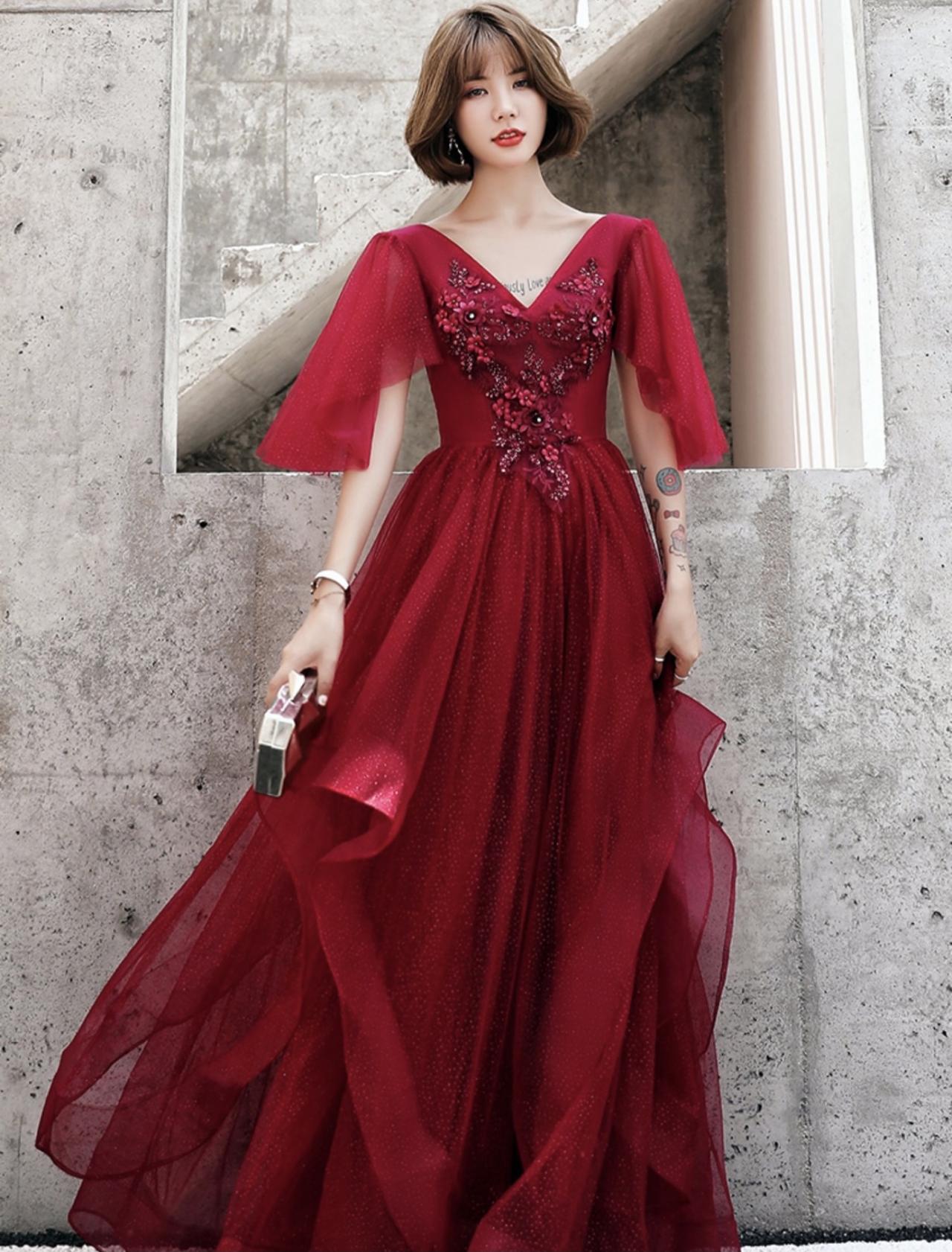 Autumn, Elegant Prom Dress, Atmosphere, Temperament Red Bridal Evening Dress,custom Made