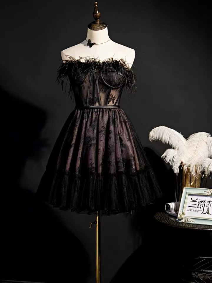 Black Feather Evening Dress, Temperament Short Dress, Socialite Party Dress, Black Swan Light Luxury Dress,custom Made