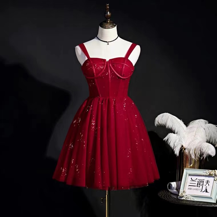Spaghetti Strap Graduation Dress, Shiny Home Dress, Red Party Dress,custom Made