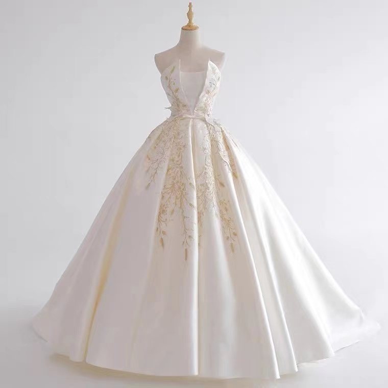 Strapless Wedding Dress, Palace Simple, Long Trailing Vintage Satin Wedding Dress,custom Made