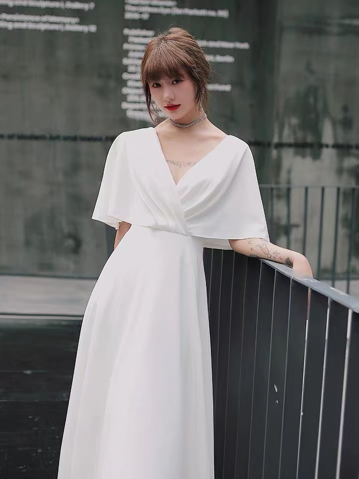 White Evening Dress, Temperament Satin Dress ,v-neck Light Luxury Prom Dress,custom Made