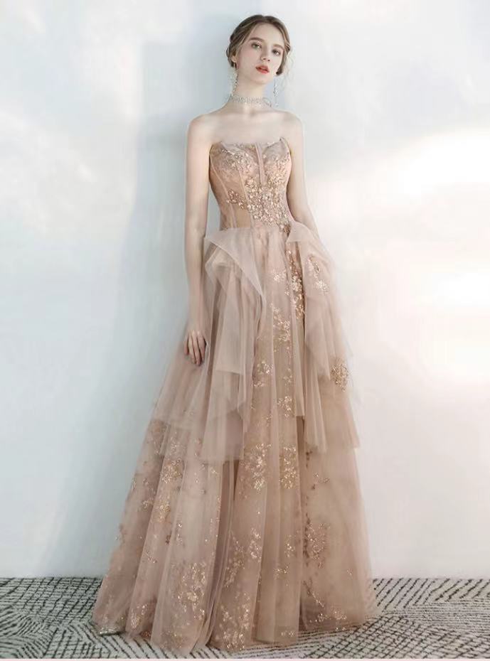 Champagne Pink Wedding Bridesmaid Dresses, Strapless Long Prom Dress,custom Made