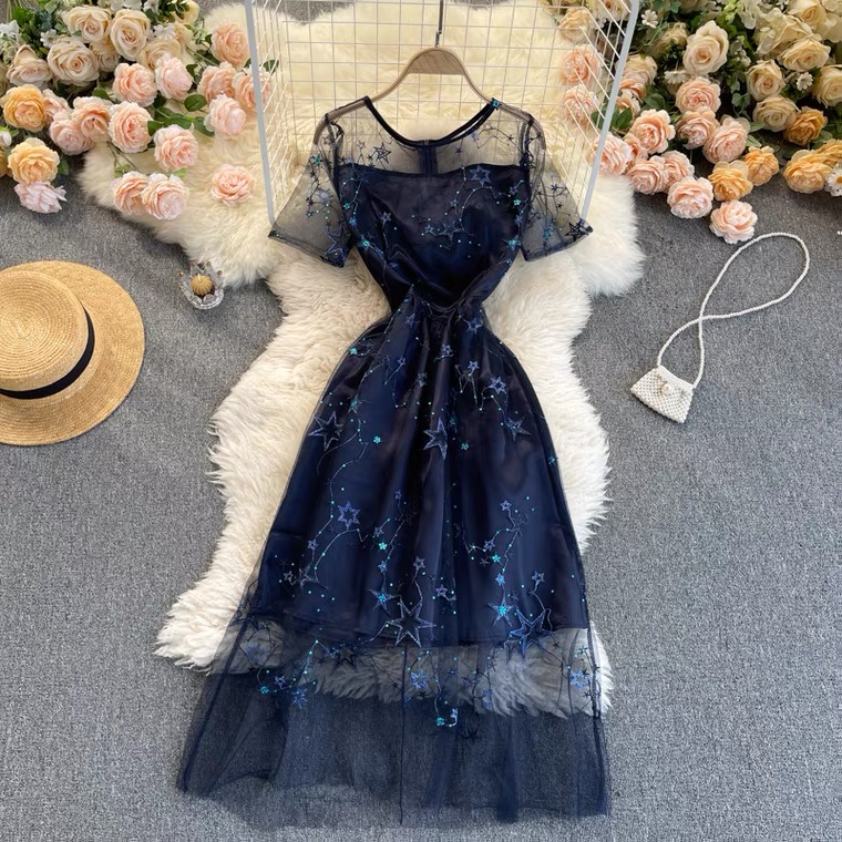  temperament embroidered dress , new style,see-through, round collar, short sleeves, big swing midi dress