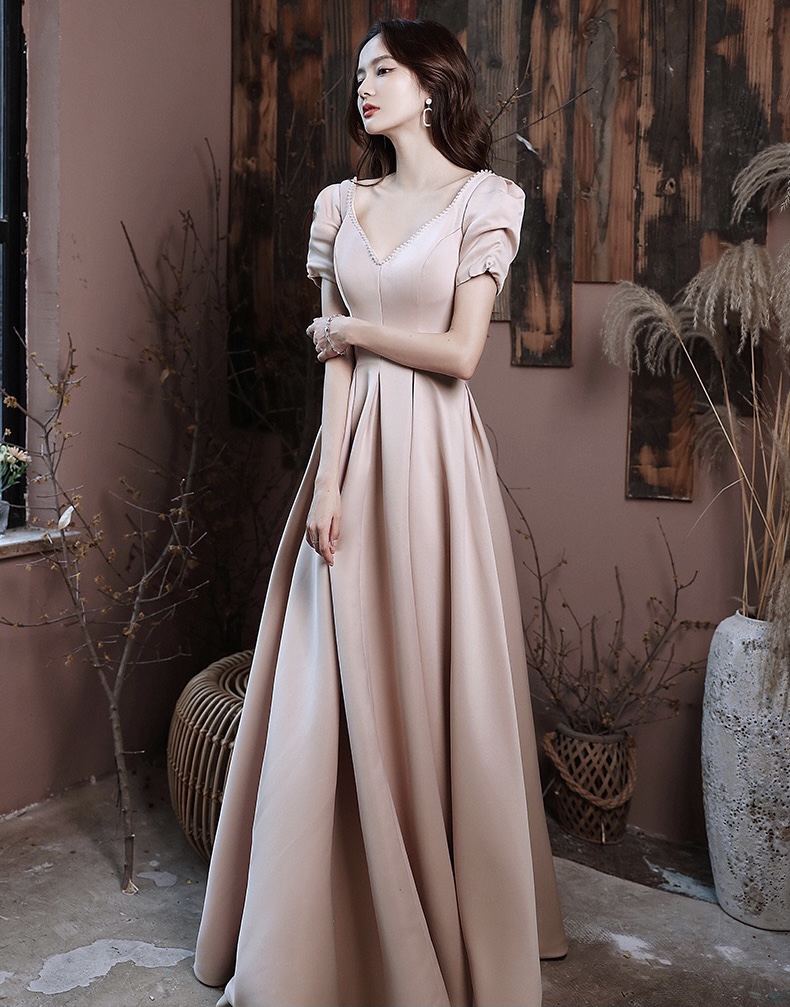 Pink Satin Prom Dress, High Quality Formal Dress, V-neck Evening Dress With Pearls,custom Made