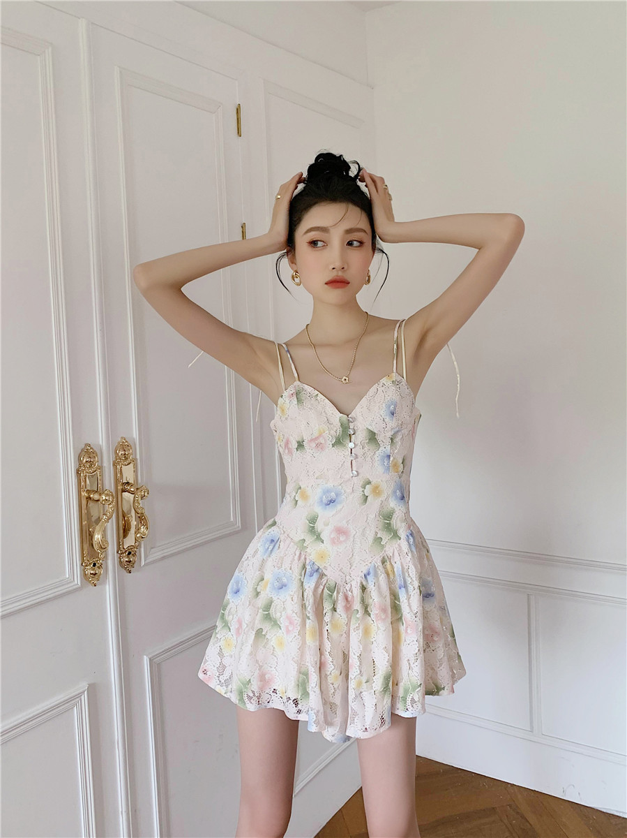 Lace Flower, Cute, Fairy Halter Dress, V-neck Short Dress