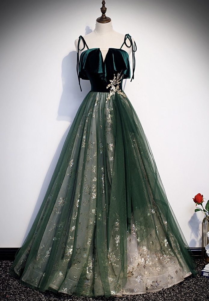 Spaghetti Strap Evening Dress, Temperament, Green Long Fairy Dress, Dream Shiny Party Dress,custom Made
