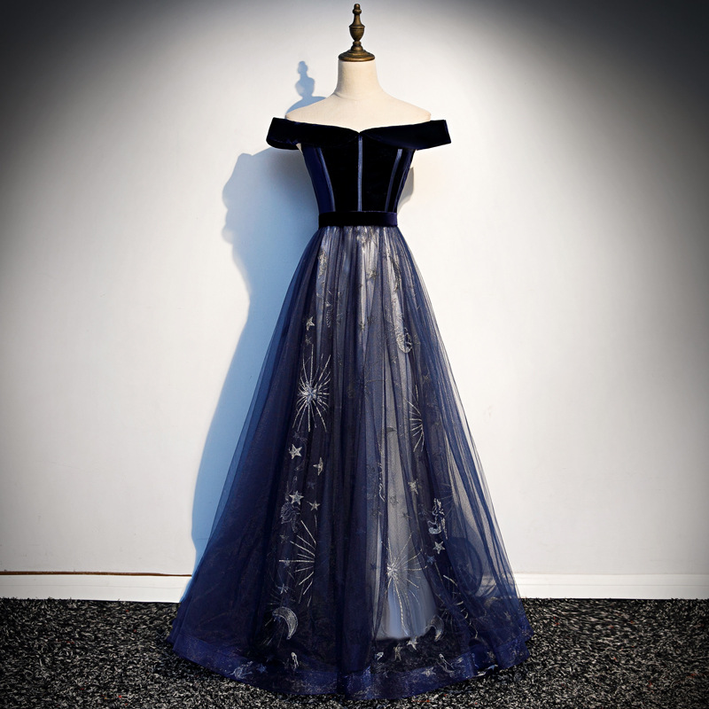 Navy Blue Evening Dress, Elegant, Temperament, Socialite, Long Sexy Party Dress, Off Shoulder Prom Dress,custom Made