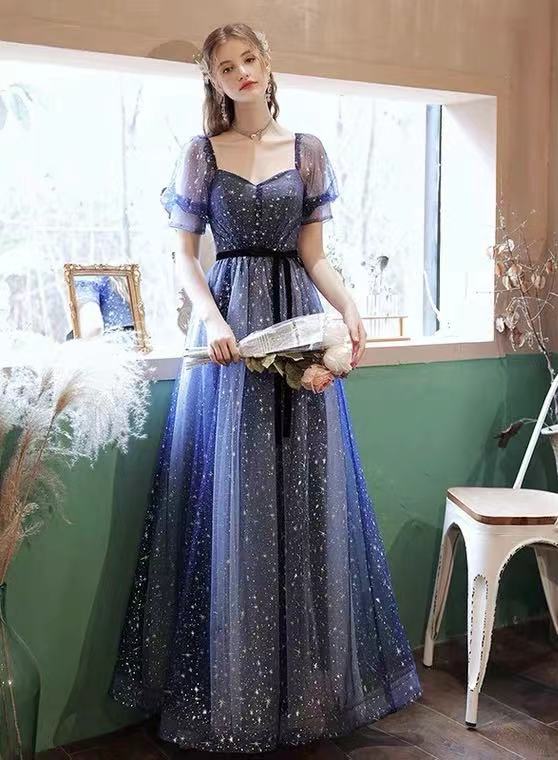 Blue Bubble Sleeve Prom Dress, Shiny Birthday Dress, Dream Party Evening,custom Made