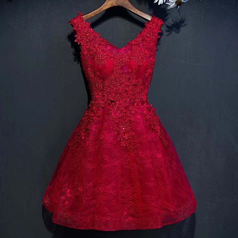 Red Short Evening Dress, Exquisite Lace Party Dress,v-neck Homecoming Dress,custom Made