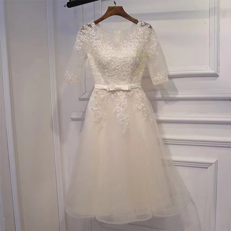 Mid-sleeved evening dress, elegant short dress Bridesmaid dress,champagne party dress,homecoming dress,custom made