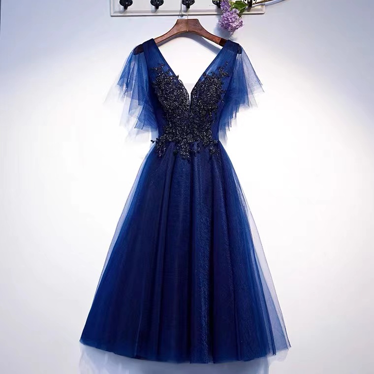 Navy Blue Evening Dress, V-neck, Simple Birthday Party Dress,homecoming Dress,custom Made