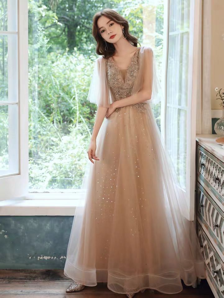 Champagne Evening Dress, V-neck Prom Dress ,fairy Bridesmaid Dress,custom Made