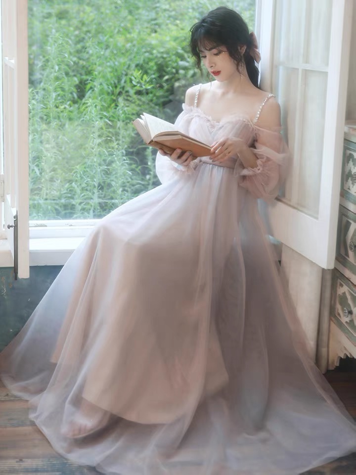 Spaghetti Trap Prom Dress, Long-sleeve Bridesmaid Dress,fairy Party Dress,custom Made