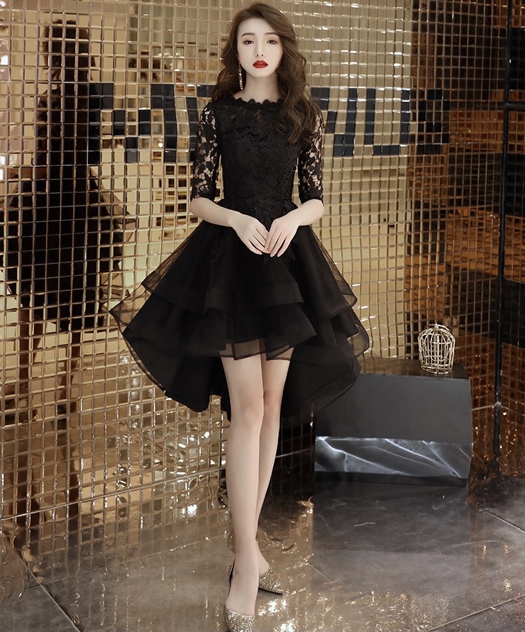 Black little dress, lace party dress, high low dress,custom made