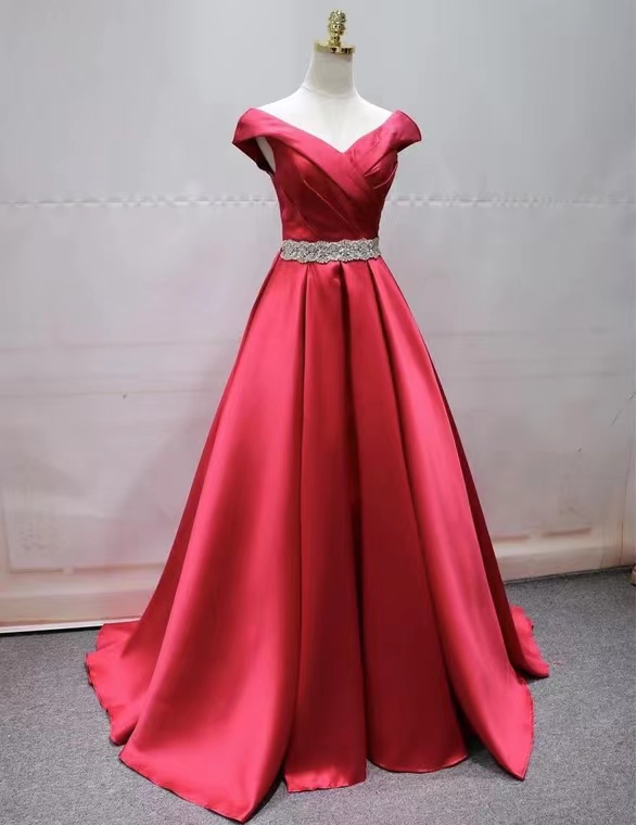 crimson graduation dress Red A Line V Neck Long Prom Dress, Red V Neck Formal Dresses, Graduation Dress, Bridesmaid Dress
