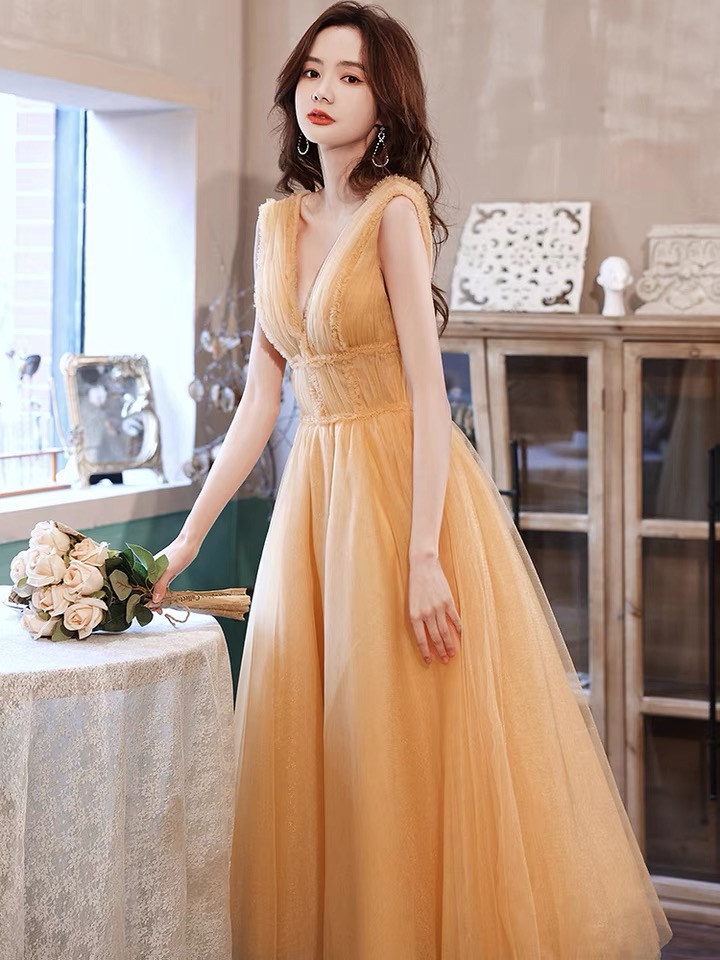 V-neck Party Dress, Yellow Bridesmaid Dress, Lady's Birthday Dress,homecoming Dress,custom Made