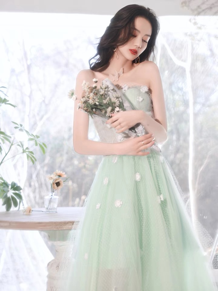 Strapless Prom Dress, Fairy Bridesmaid Dress, Green Birthday Dress With Applique,homecoming Dress,custom Made