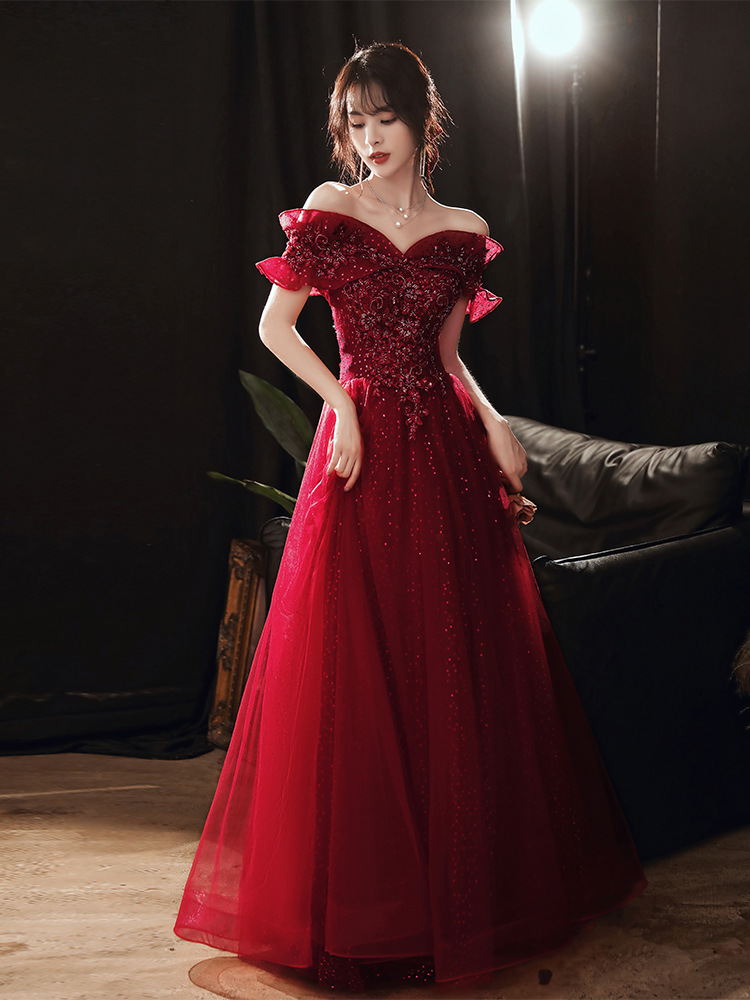 Burgundy Dress, Heavy Bead Long Evening Dress, Off Shoulder Prom Dress,custom Made