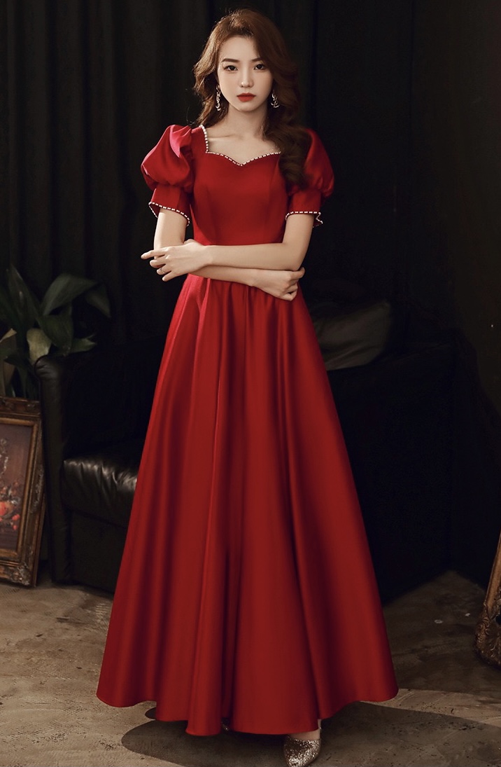 Red Party Dress,short Sleeve Prom Dress,satin Evening Dress,custom Made