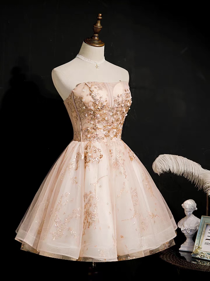 Champagne Strapless Dresses, Sequin Homecoming Dresses, Little Birthday Dresses,custom Made