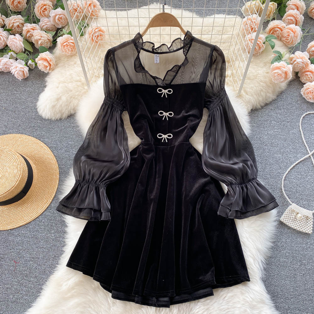 Sweet Dress, Ear Edge, Little Black Dress, Lantern Sleeve, Lady, Temperament Retro Velvet Dress