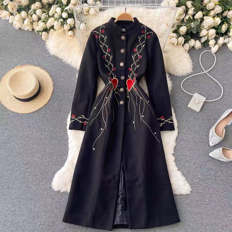 High Quality, Socialite, Vintage, Embroidered Dress, Stand Collar, Single Breasted, Fashionable Woolen Coat