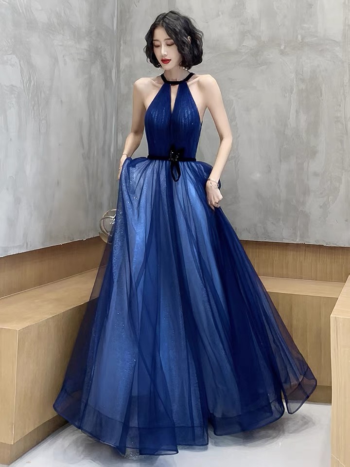 Blue Evening Dress, Class, High Quality Prom Dress,halter Neck Birthday Dress,custom Made