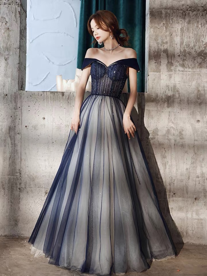 Blue Prom Dress, Temperament, Socialite, Light Luxury Dress, Off-the-shoulder Evening Dress,custom Made